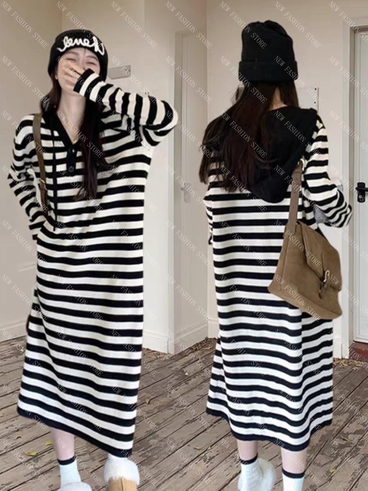 オーバーサイズ長袖連帽パーカーワンピースレディース秋冬ニットロングスカート-47