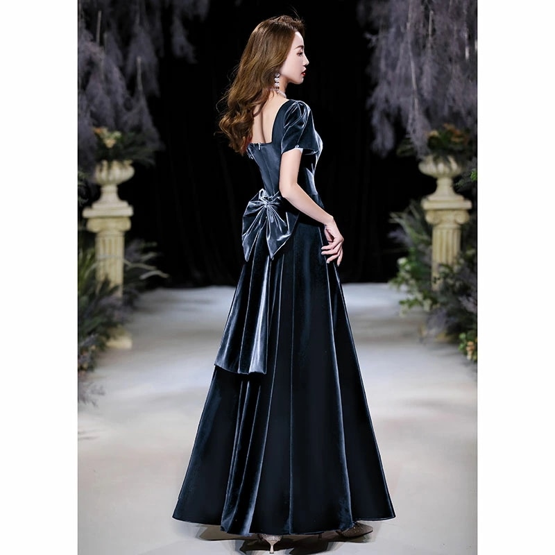 カラードレス ウェディングドレス ベロア ベルベット ブルー ブラック 半袖 ウエディングドレス イブニングドレス 発表会 演奏会 結婚式 光沢感 ファスナー 上品パーティードレス ロングドレス カク