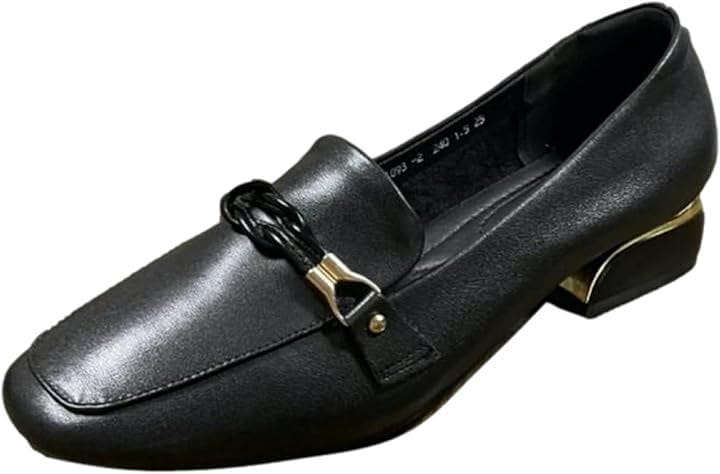 ローファー レディース 本革 チャンキーヒール 3cmヒール ビット ラバーソール スクエアトゥ BB006-BK225 (ブラック, 22.5 cm)