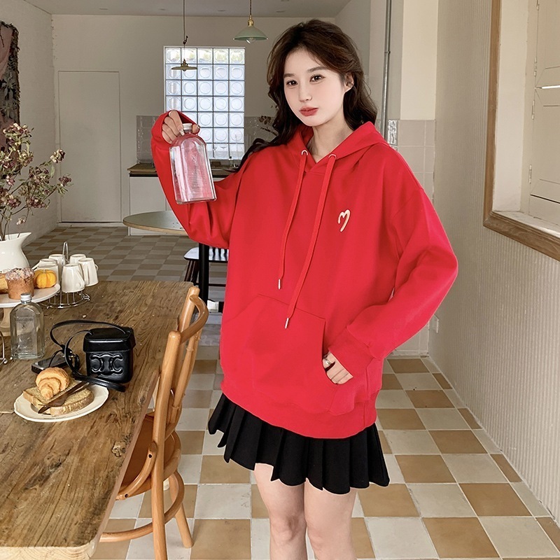 清甘い加齢カレッジ スタイル フード付きセーター 2024 新しい韓国怠惰なスタイル愛刺繍フード付きトップス