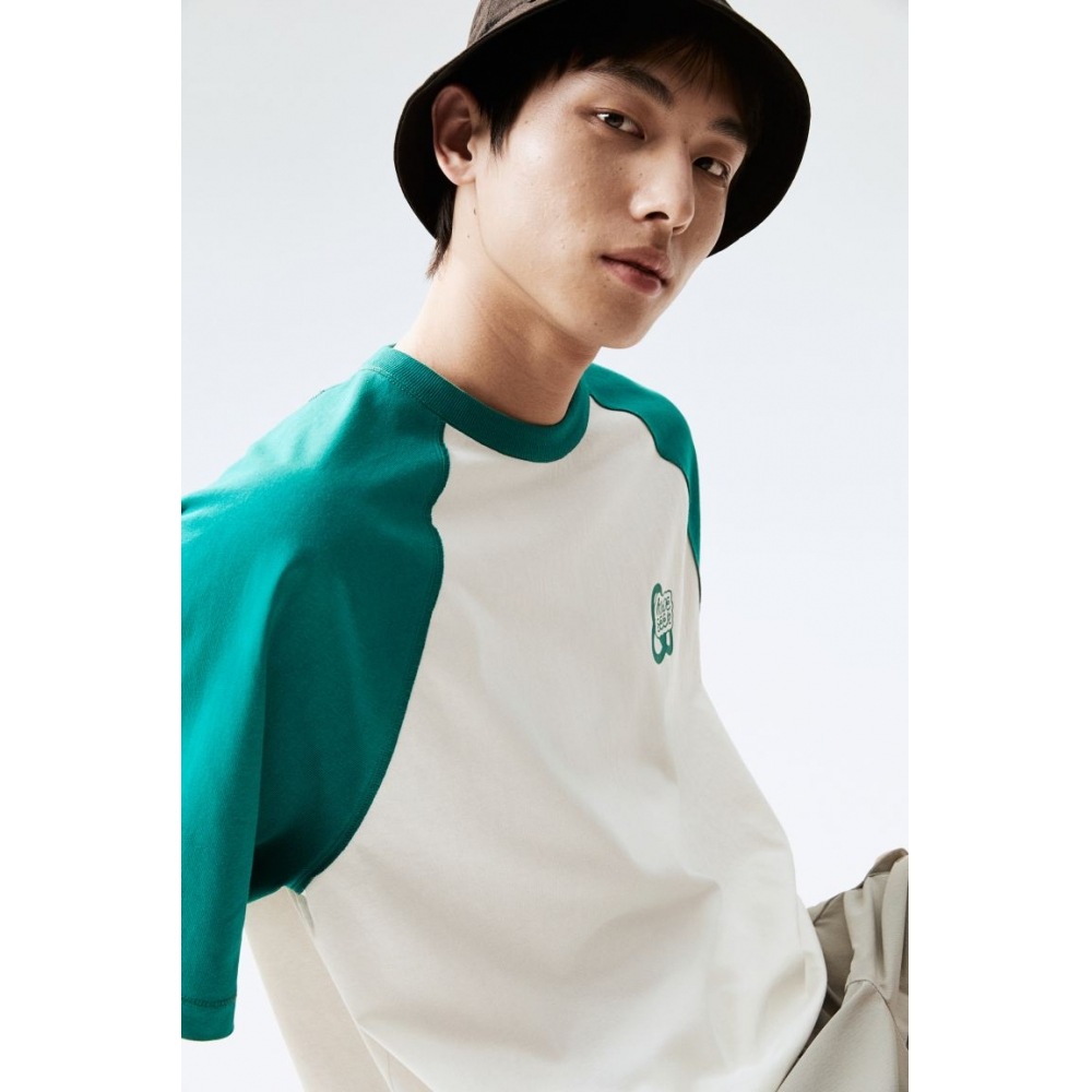 H&M ルーズフィットプリント t シャツホワイト/ターコイズ