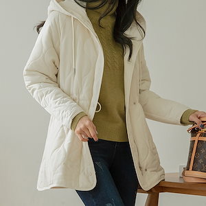 ひょうたん柄キルティング中綿コート（裏ボア）韓国ファッション フード付き/ ストリング C11226