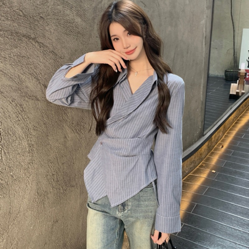 2025秋新作 韓国風 レディース ストライプ シャツ デザイン襟 アシンメトリー 長袖