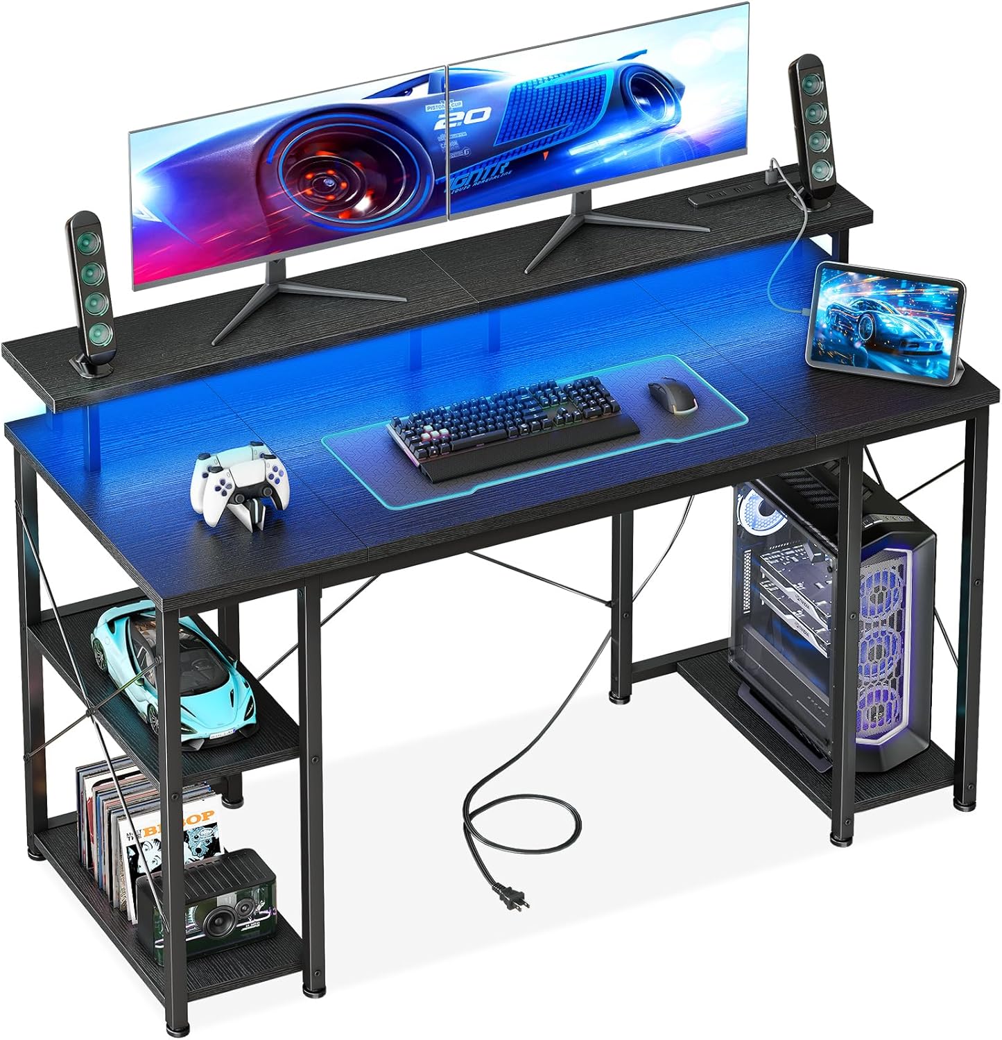 AODK ゲーミングデスク パソコンデスク コンセント&LED付き 机 pcデスク 幅120cm 両側ラック&モニター台付き 勉強机 ゲームデスク ワークデスク