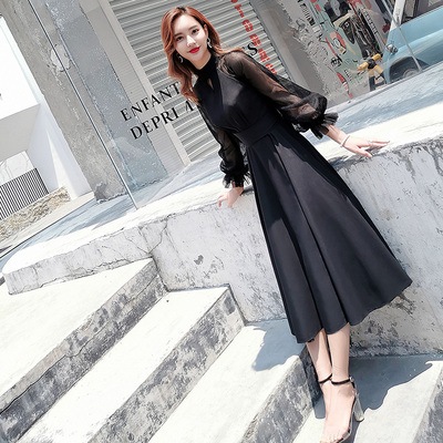 ドレス 衣装 ワンピース ロングワンピース イブニングドレス ブラックドレス 二次会ドレス 演奏会ドレス ステージドレス ロング丈 長袖 シースルー ウエストマーク フレア かわいい 大人可愛い