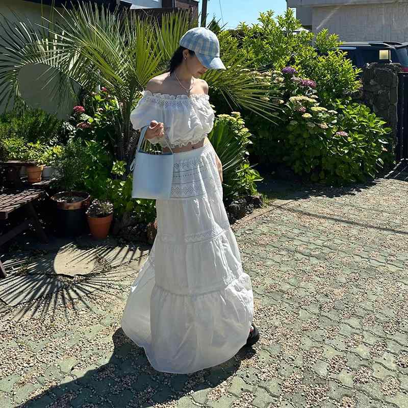 レディース 夏 ハイエンド ステッチ ワンショルダー トップス Aライン スカート シンプル おしゃれ ホワイト ガーリー コーデ