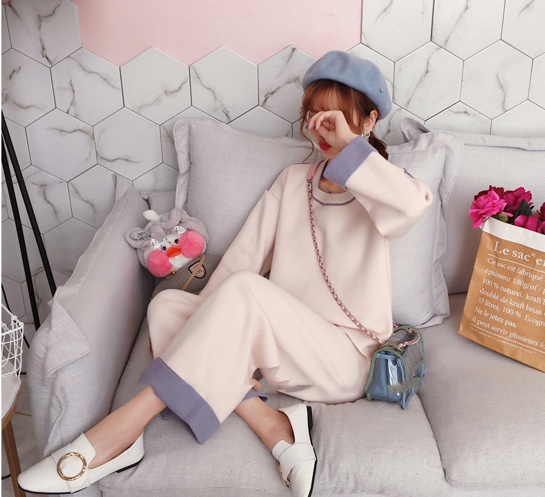 1871.セットアップルームウェア（ベージュ）2019 春夏 sale 春夏 sale ワンピース ドレス Uネック 長袖 バイカラー お呼ばれ パーティー 女子会 レストラン デート