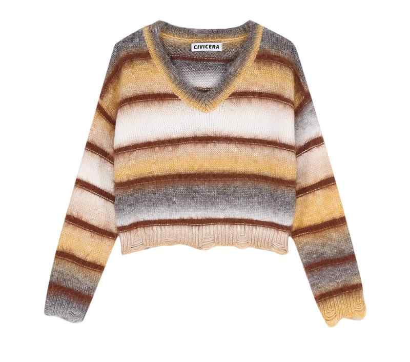 レディース トップス セーター パーカー オシャレ 韓国 スタイル カワイイ カジュアル カーディガン 長袖 ニット 秋 冬 春 インナー デザイン ルーズ グラデーション ストライプ プルオーバー