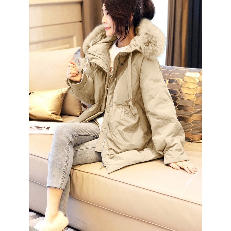 アプリコットのフード付きウエストダウンジャケット女性用厚手モダン老化防止大きなファーカラーコート冬ヨーロッパグッズ