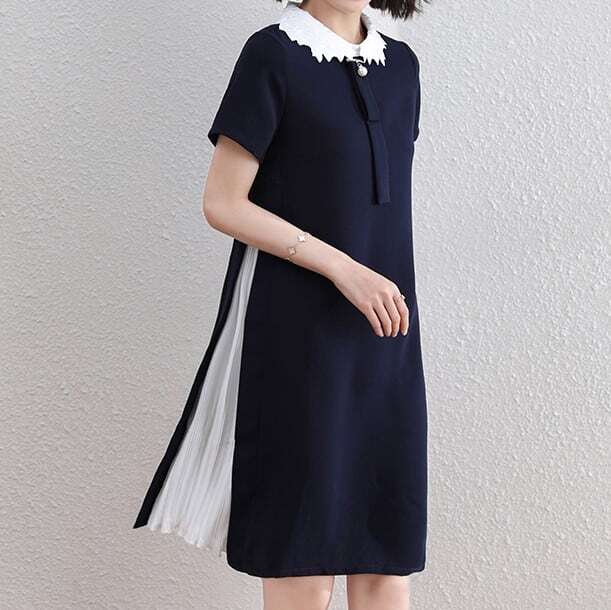 【送料無料】レディース パール付き 花柄襟 サイドプリーツ スリット ミニワンピース 半袖