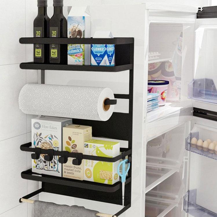 冷蔵庫サイドラック 棚 キッチンラック キッチン収納 マグネット 調味料 ラップホルダー キッチンペーパーホルダー 横収納 ワイド収納バスケット 小物入れ