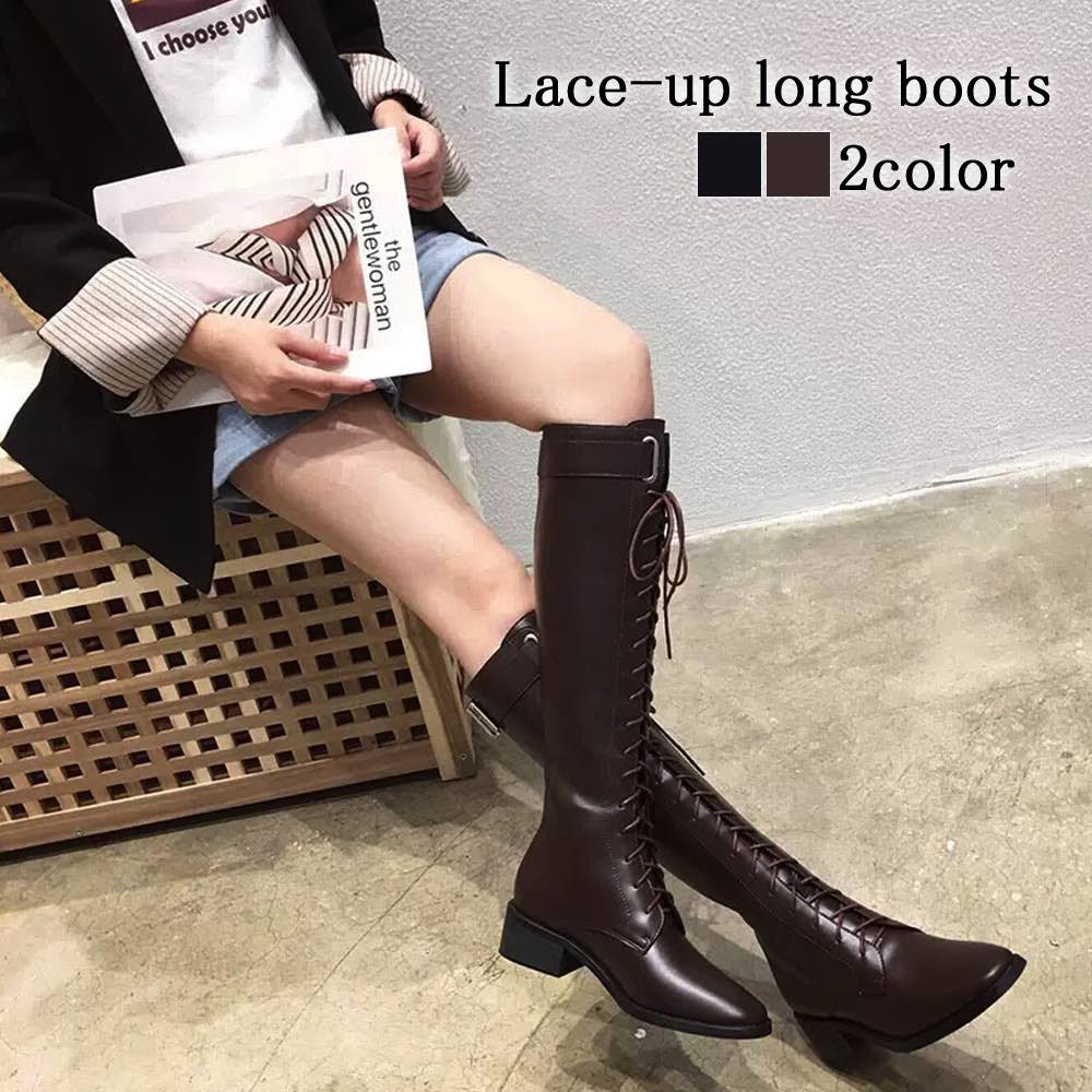 ロングブーツ レディース レースアップロングブーツ 疲れない ジョッキーブーツ ストレッチ 厚底 編み上げ 防寒 冬 スエード ムートンブーツ レース 歩きやすい 大きいサイズ ワイド 秋 ショートブ