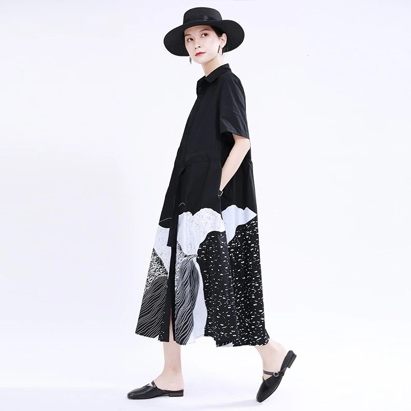 【J.Fashion】 柄ワンピース 抽象絵画 大きい裾 シャツワンピース レディース ゆる ロングワンピ 体型カバー 日焼け止め チュニック メガ割30%までに制限