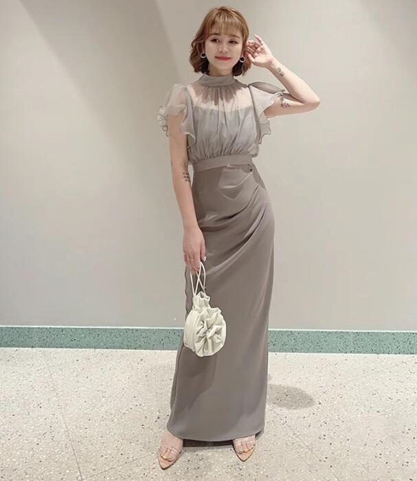 パーティードレス エレガント 上品 きれいめ 小柄 マキシ丈ワンピース ５色 ノースリーブ フィッシュテール レディースドレス 立ち襟 ハイウエスト ファスナー 結婚式 音楽会 成人式 発表会 お呼ば