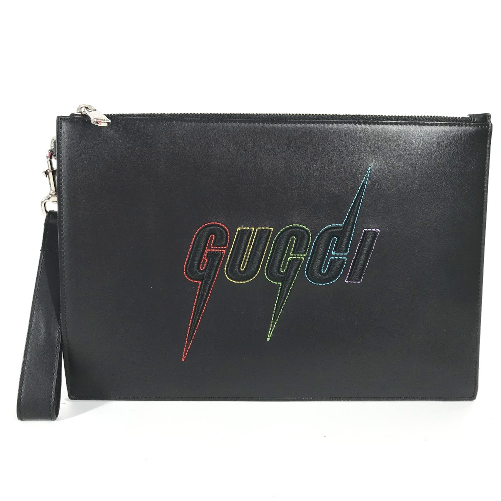 クラッチバッグ 597678 ブレードエンブロイダリー ロゴ カバン ポーチ 刺繍 レインボー ステッチ ストラップ付 レザー ブラック