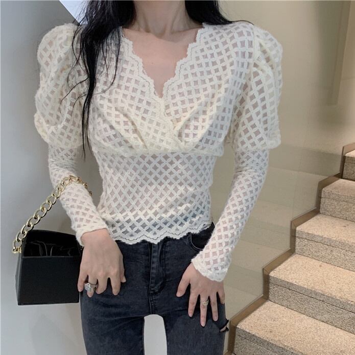 2color レディース トップス Tシャツ カットソー 長袖 ワッフル柄ペプラムトップス レース