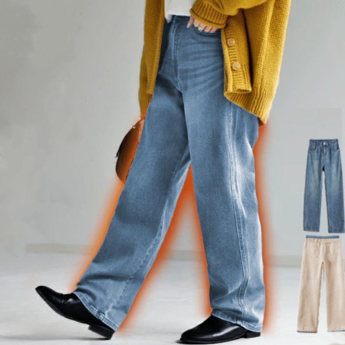【高レビュー】 シンプルロング丈防寒ハイウエストデニムパンツ