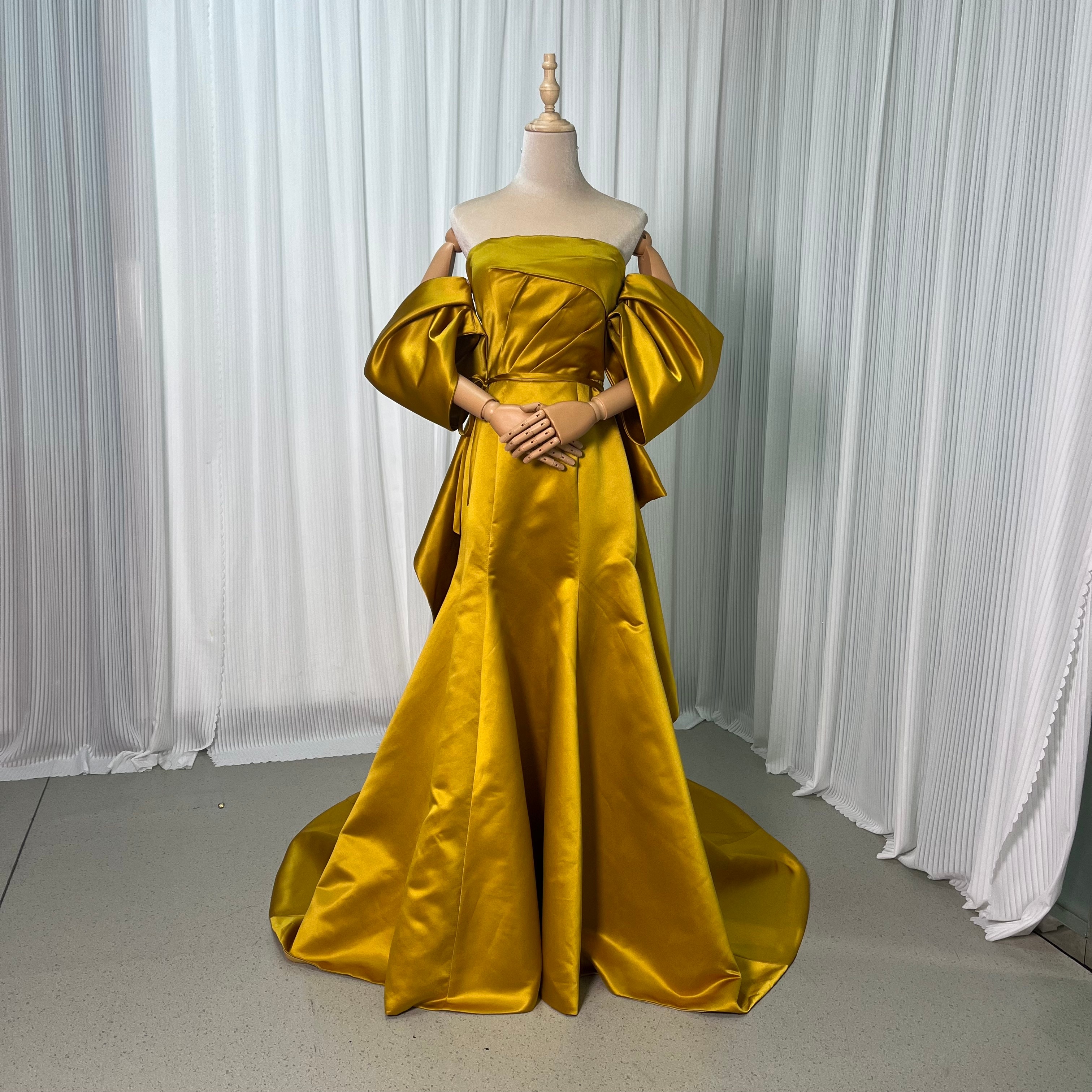 華やか カラードレス イエロー マーメイドライン ベアトップ ドロップショルダー バックリボン ファスナー 前撮り 30,537円