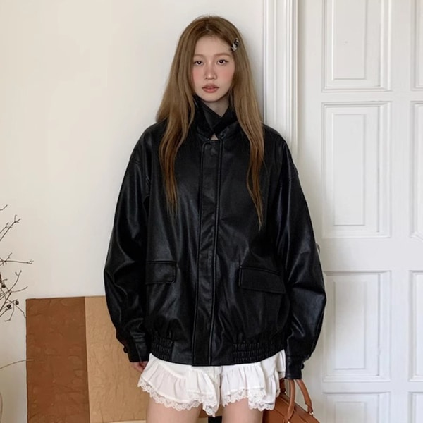 シックなハンサムラペルの万能ソリッドカラーPUレザージャケット