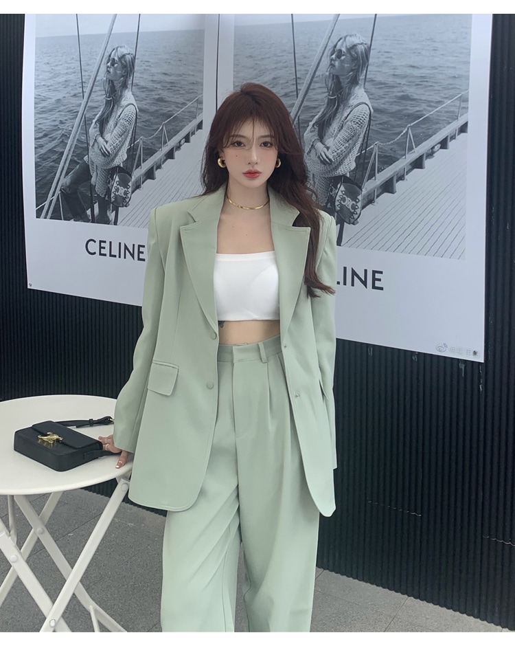 セットアップ ジャケット ワイドパンツ ストレートパンツ ロング丈 アンクル丈 長袖 萌袖 Vネック ワイド ポケット ハイウエスト 前開き ポリエステル 大人可愛い シンプル カジュアル おしゃれ