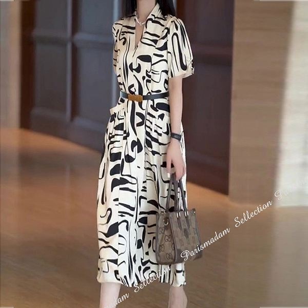 お一人様1点ミセスプリントワンピース　上品スタイル　ひざ下丈　半袖　ホワイト×ブラック　女子会細く見える通勤20代30代40代50代60代