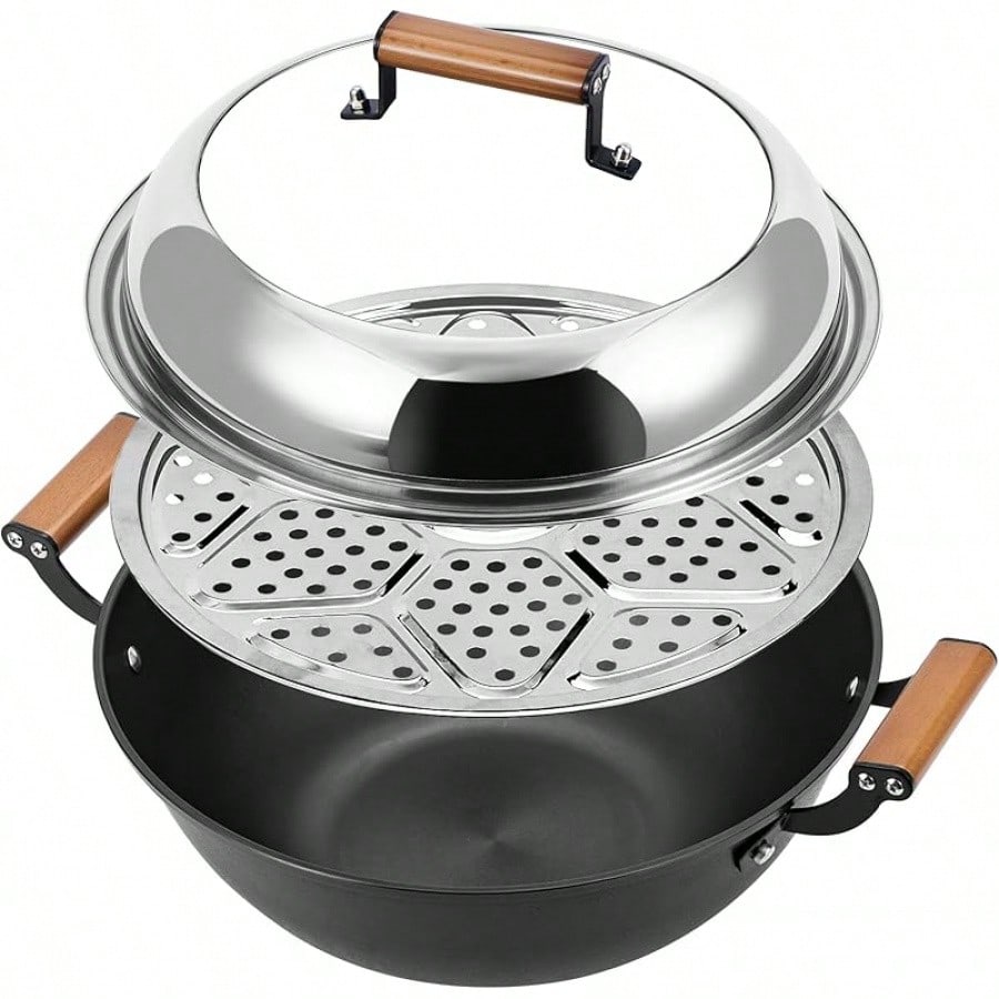 蒸し器付き両手鍋 炒め鍋 窒化鉄鍋 煮る 蒸し料理 同時調理可能 ステンレス透明ふた付き 木製ハンドル 火傷防止 32cm 大容量 深型 無塗装 平底 洗いやすい 3-5人 家庭用 業務 用