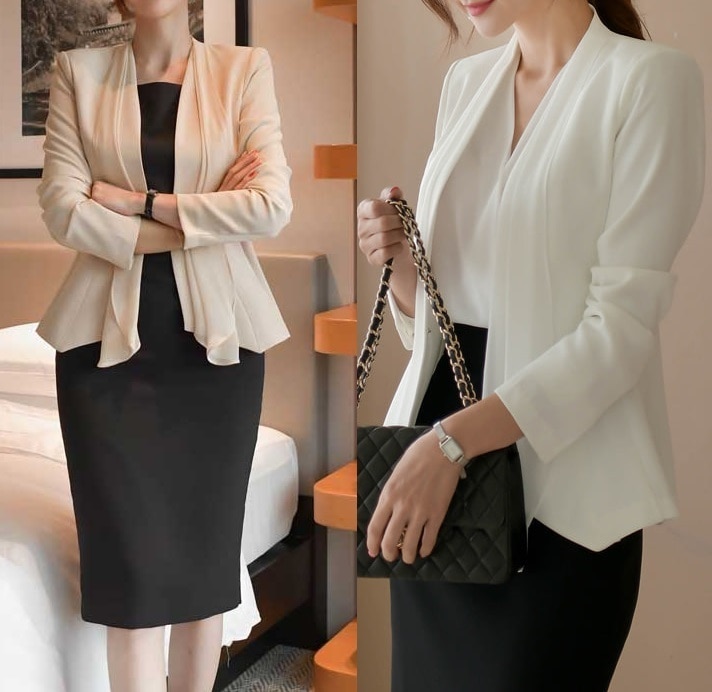 スカーフジャケット ノーカラー スリム オフィス 式典 春秋 4色