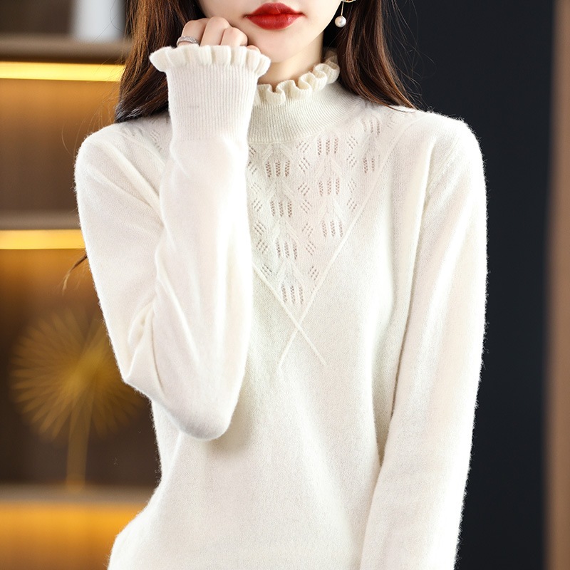 フレンチスタイルのエレガントなフリルトリムのインナーウールセーターレディース秋冬スリムフィットプルオーバーニットセーター