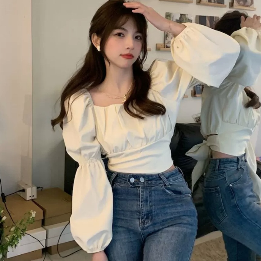 トップス シャツ ブラウス カットソー ショート ショート丈 袖あり 長袖 パフスリーブ リボン かわいい 大人可愛い きれいめ シンプル カジュアル 大人 上品 おしゃれ お洒落 かっこいい レトロ