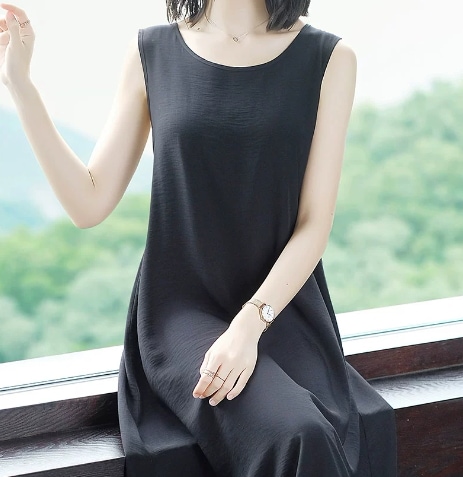 ワンピース ロング ノースリーブ Uネック スリム ストレート Iライン シースルー 大人可愛い きれいめ シンプル カジュアル 上品 おしゃれ かっこいい レトロ ラフ 主役級 無地 夏 10代