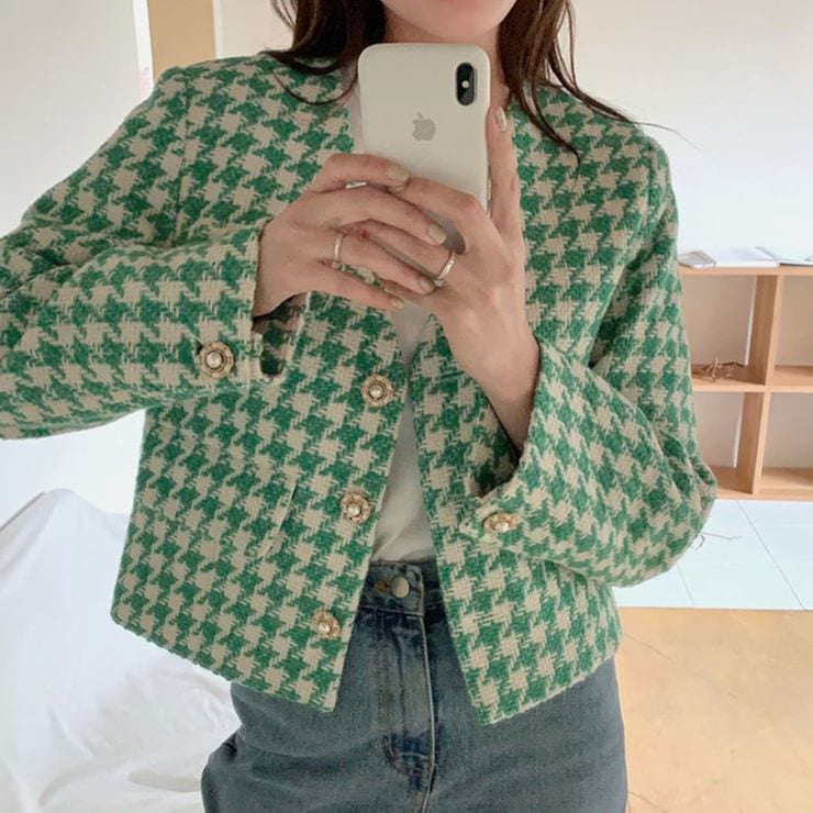 【9月20日20時 新作　千鳥格子ショート丈ツイードジャケット 千鳥格子ショート丈ツイードジャケット ジャケット レディース 5,301円