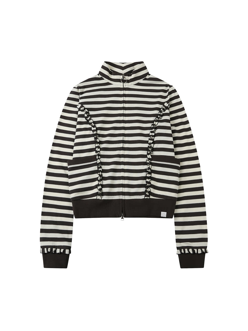 【TUOMIO】STRIPE RUFFLE JERSEY ZIP-UP : CHARCOAL