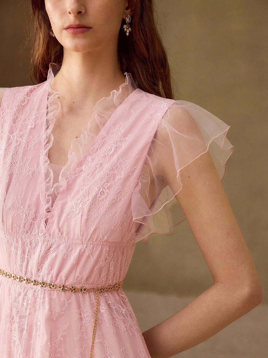 女性用Vネック長袖プリーツドレス春夏