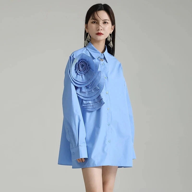 【J.Fashion】 秋 シワデザイン ロングブラウス チュニック 花飾り レディース おしゃれ 関連商品は店で購入可能 メガ割30%までに制限