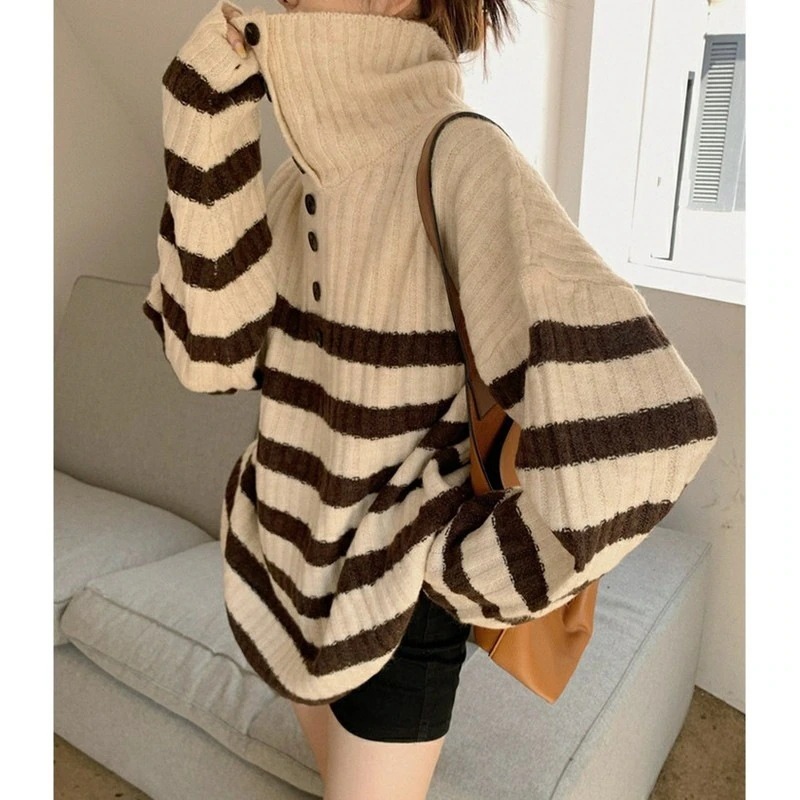 セーター プルオーバーデザイン ニットカーディガン ハイネック しま模様 ゆったり アンダーウェア 怠惰風 カジュアル 秋冬 レディース 着痩せ ウォーム 厚手 韓国ファッション