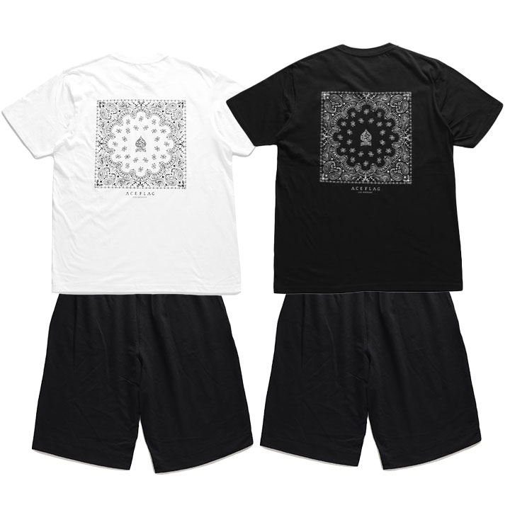 ACE FLAG 上下セット 半袖 ブランド Tシャツ ハーフパンツ 上下 メンズ 春夏用 白/黒 大きいサイズ エースフラッグ セットアップ スペード ペイズリー柄