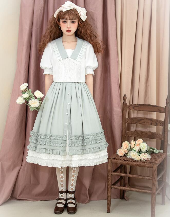 漢風 ロリータ服 2点セット ロリータシャツ ロング丈スカート 可愛い セーラー風 半袖シャツ プリンセス ロリータスカート 膝丈 お姫様 コスプレ衣装 学園祭 文化祭 イベント ハロウィン 発表会