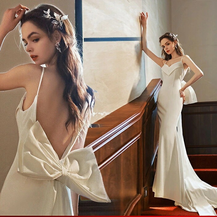 カラードレス ウェディングドレス着後レビュー特典後ろ姿のビッグリボンが可愛いマーメイドラインロングトレーンドレス インポート ワンピース ウェディング ドレス XS S XL XXL XXXL 披露宴