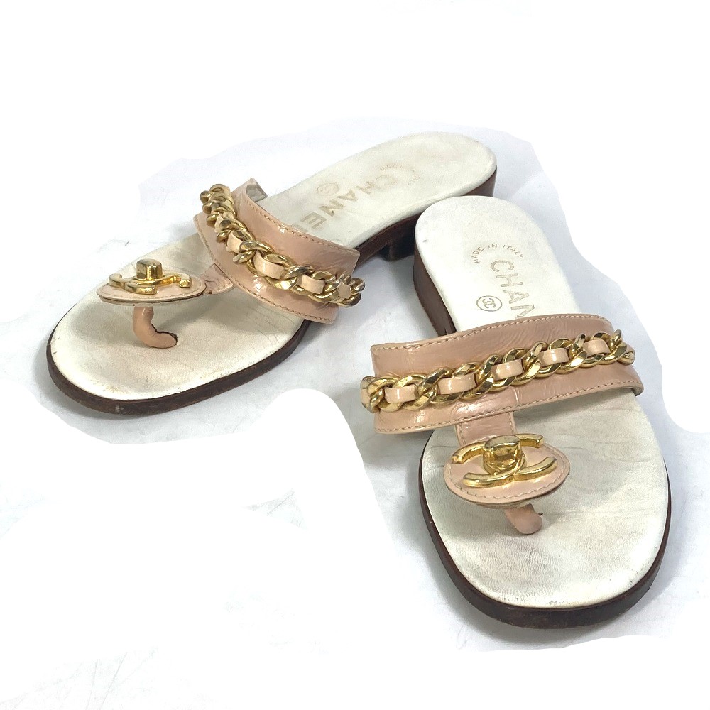 サンダル CC ココマーク ターンロック 靴 フラット ペタンコ トング チェーン レザー ホワイト