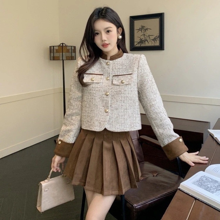 ファッションのハイセンス小さな香水スーツ女性の秋のツイードショートジャケットプリーツ半身スカートとのツーピースセット