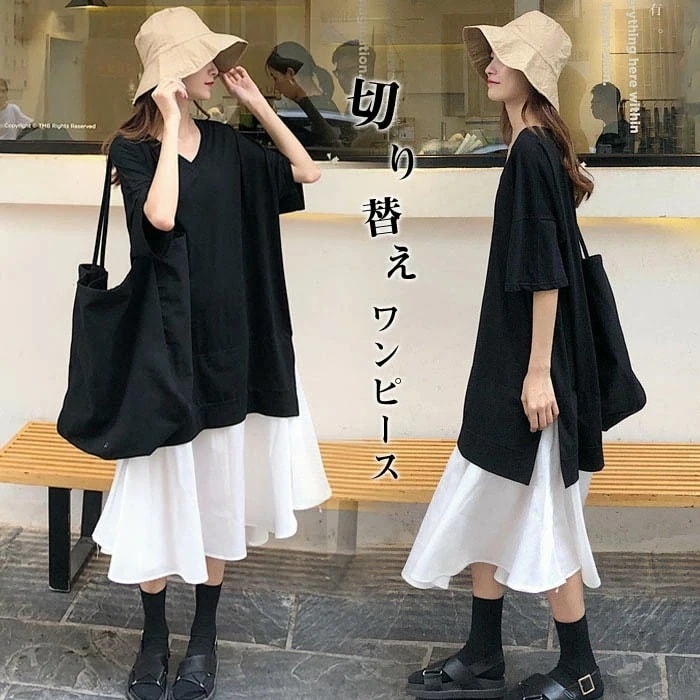 ロングワンピース 切り替えワン今週の割引は 25% オフですピース 春 秋 夏 半袖 きれいめ レディース ワンピ 重ね着風 膝丈qoo10