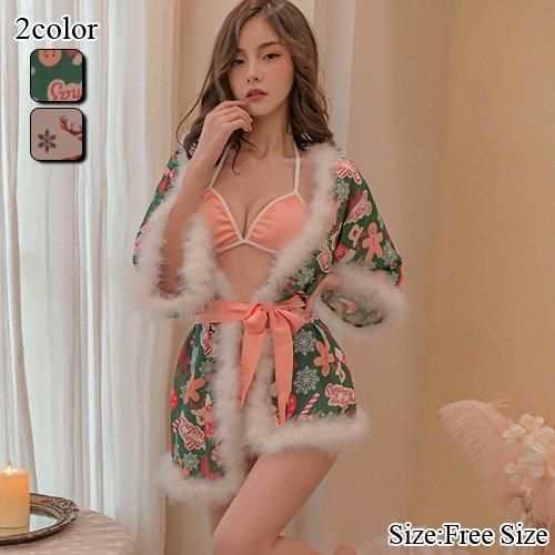 【グラシア】 ルームウェア モコモコ パジャマ 部屋着 ルームウェア ガウン シンプル ストリング ゆったり 大人 伸縮性 グリーン×オレンジ ホワイト×レッド フリーサイズ