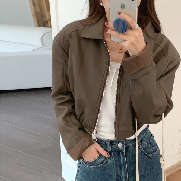 韓国ファッション ジップアップカラー レザー レザー クロップ ジャケット
