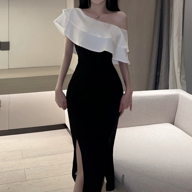 ワンピース レディース ドレス S M L 韓国 ミモレ丈 ミディアム丈 オフショルダー オフショル ワンショルダー ワンショル スリム タイト フリル スリット 大人可愛い きれいめ エレガント