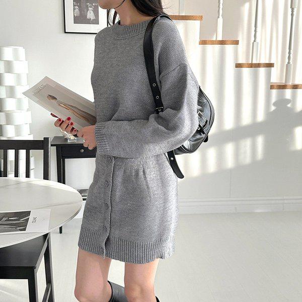 女性ラウンドニットミニボタン スカート ツーピース セット SDW-SET-SLLS113