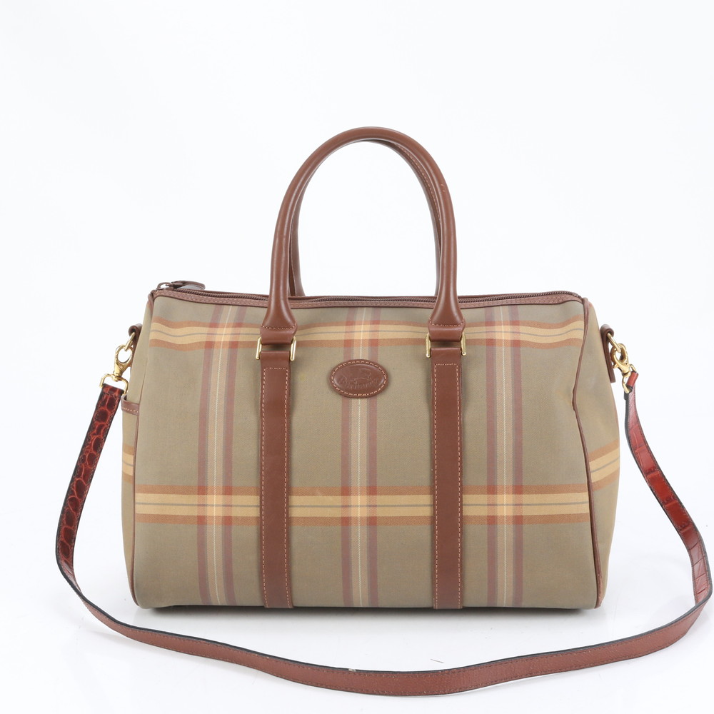 美品 チェック ホースロゴ ミニ ボストン レザー×キャンバス 2WAY ハンドバッグ 斜め掛け トート A4 レディース RUE CQ20-4 中古