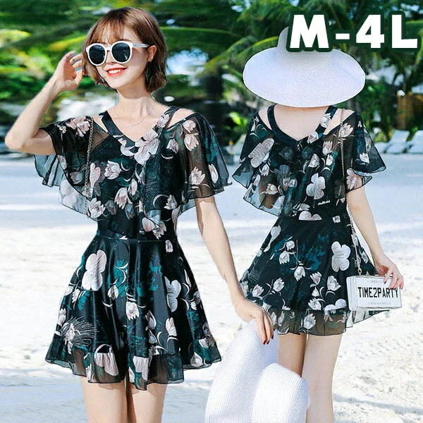 【急速出荷!】ワンピース水着 花柄 体型カバー 肩出し 総柄 ぽっちゃり 3L 4L オフショルダー 女性用 レディース 大きいサイズ 水着 盛れる ビーチ お腹カバー お尻カバー 二の腕カバー おし