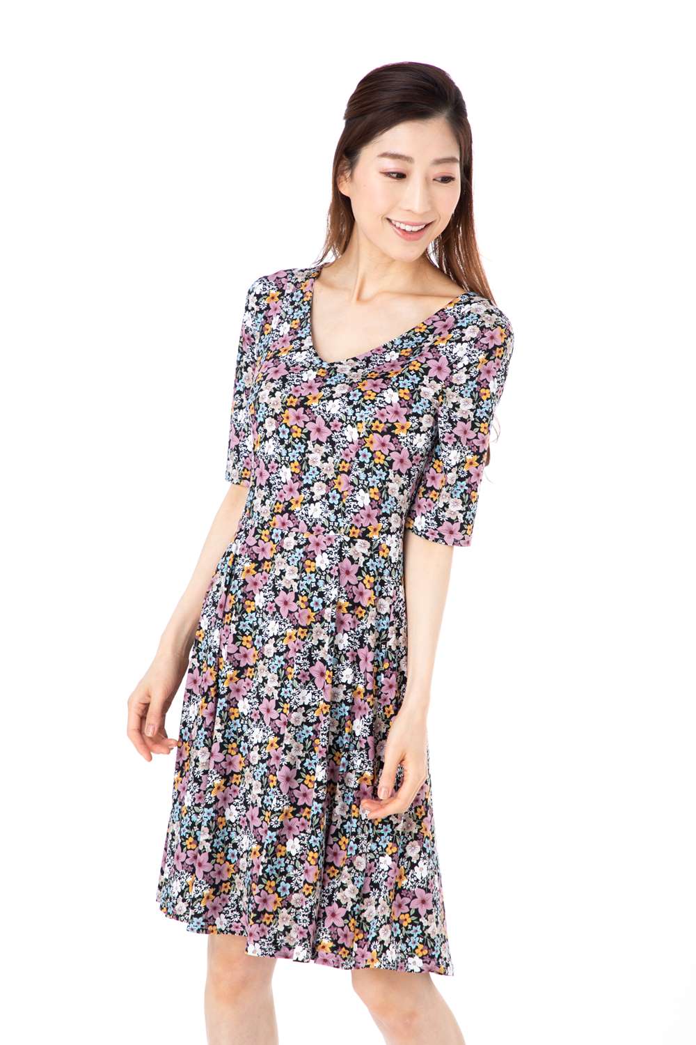 ファス(FAS)ワンピース T2 T3 T4サイズ ５分袖 膝丈 花柄 Vネック きれいめワンピース レディース Fille A Suivre