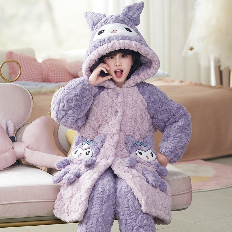 女の子用パジャマ冬コーラルベルベット厚みのある三層綿暖かい子供用ホーム服クロミセット