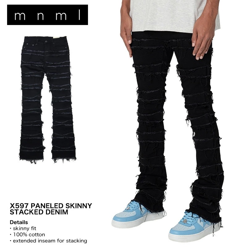 mnml デニムパンツ ミニマル フレア スキニー ダメージ メンズ ブランド 大きいサイズ おしゃれ mnml128 ブラック 28 29 30 32 34 36 38